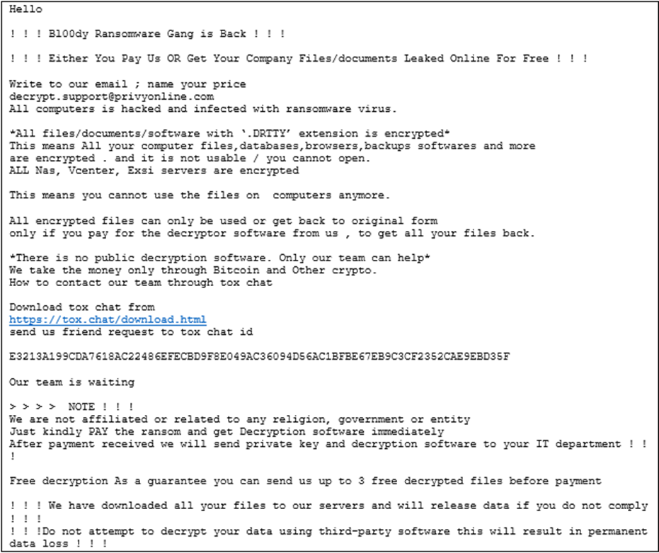 Figure 1: Example Bl00dy Gang Ransomware Note